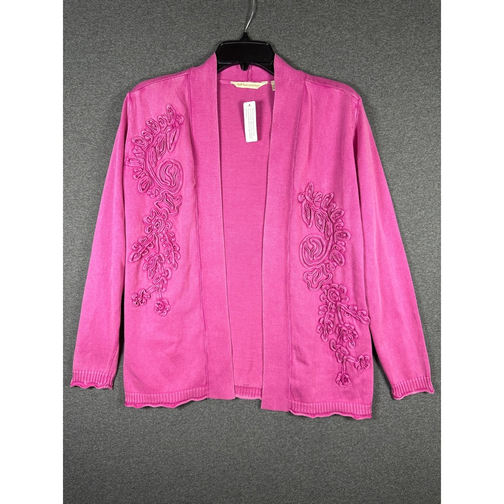 New Soft Surroundings Pink Soutache Floral Open Front Cotton Cardigan PXS Fall